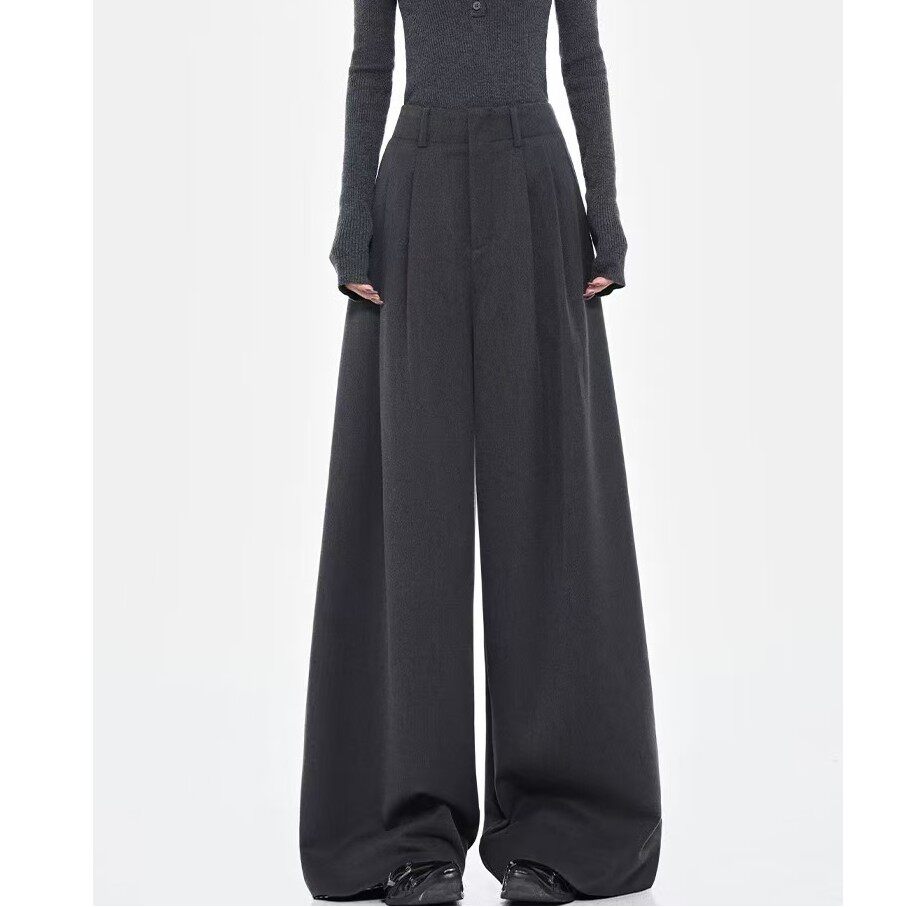 杰达时尚优选春款灰色百搭阔腿裤女褶皱宽松女褶皱宽松垂感西装裤