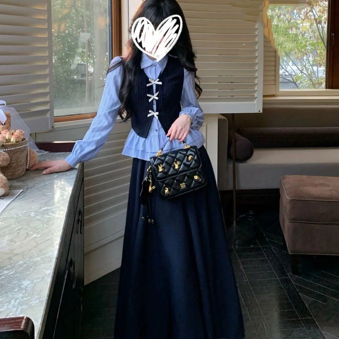 文文家胖mm蓝调唱响学院风套装少女感假两件条纹衬衫+半身裙