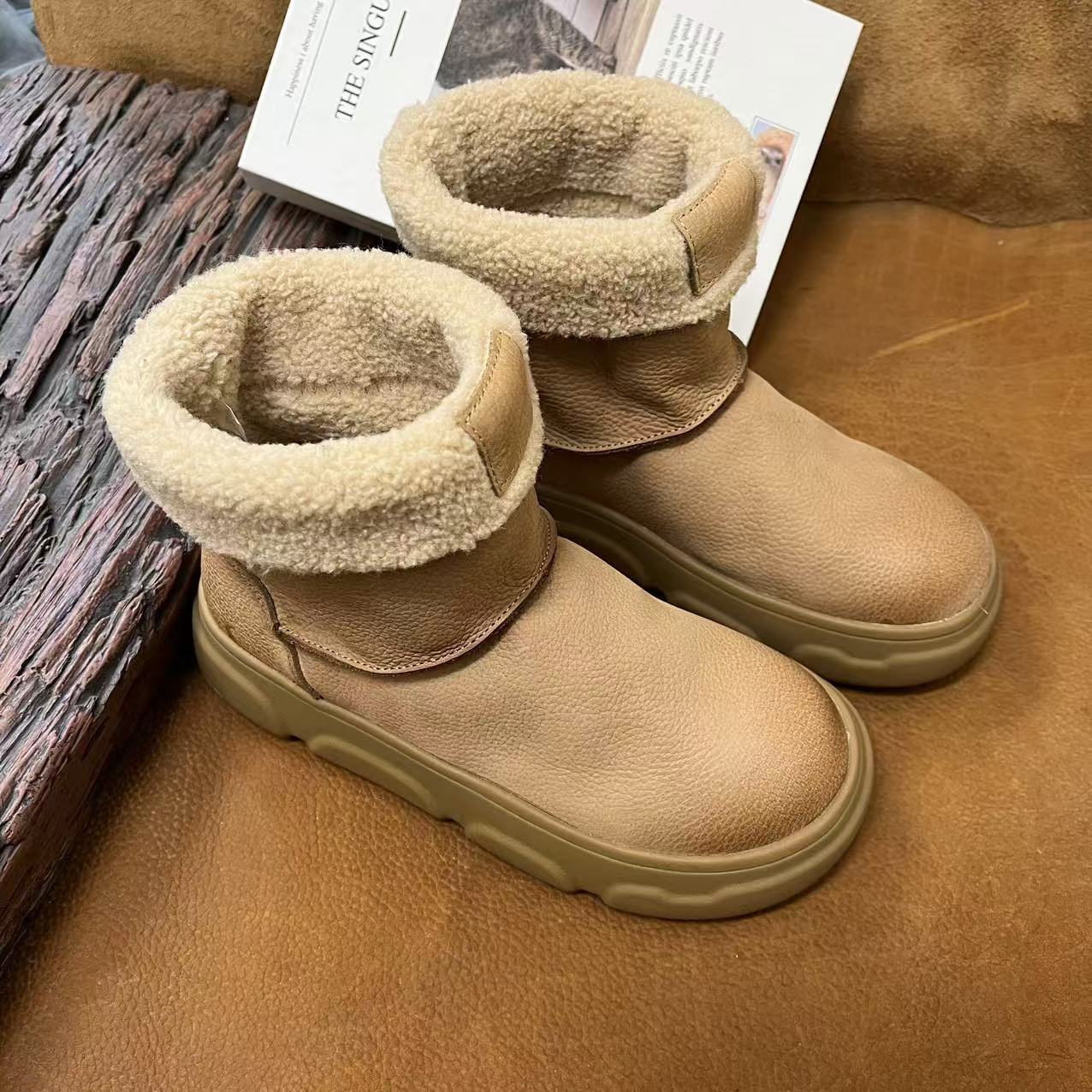 超厚洋气手工巨厚真皮加绒休闲复古时尚百搭女靴