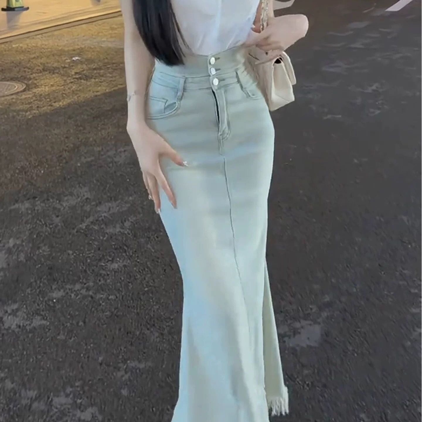 中长裙包臀裙气质毛边半身裙显瘦