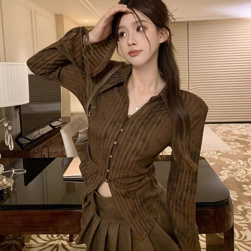 辣妹风长袖条纹衬衫收腰修身显瘦