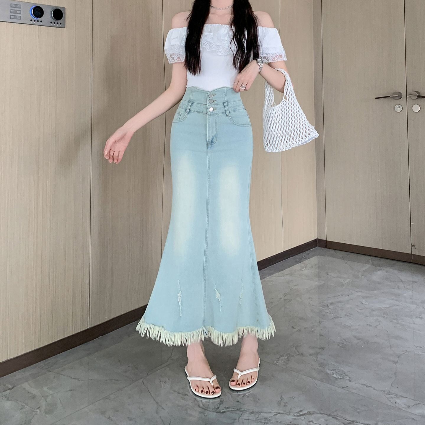长裙包臀裙纯欲美式毛边牛仔裙