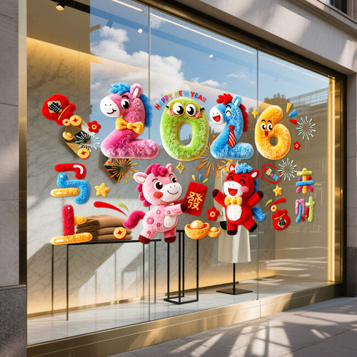 马年5D毛绒小马静电贴窗花