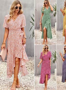 Printed dress 2023 summer V-neck ruffle skirt 人棉连衣裙长裙