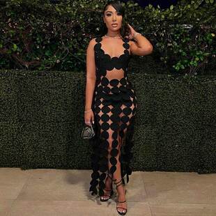 欧美风ins美式炸街party黑色镂空吊带连衣裙卡戴珊显瘦辣妹包臀裙