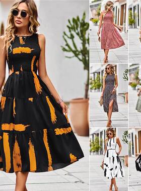 Printed sleeveless women summer long dress 印花连衣裙女长裙