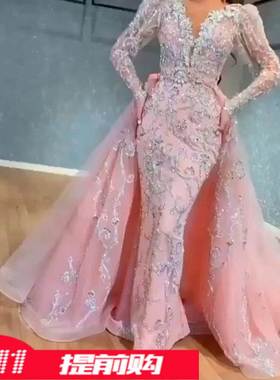 2021 sexy pink sequin party dress with trailing tail粉色礼服