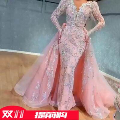 2021 sexy pink sequin party dress with trailing tail粉色礼服