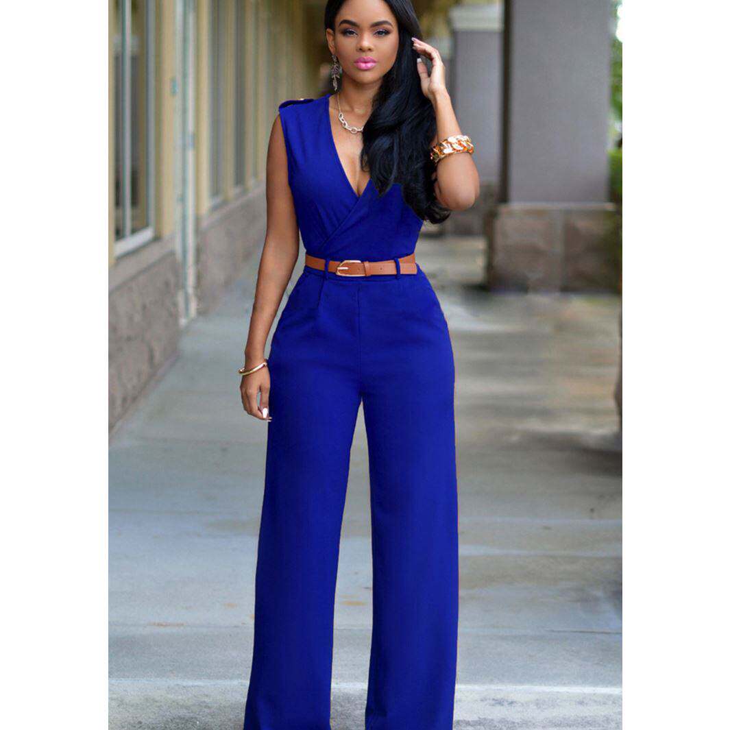 women v neck jumpsuits belt欧美直筒女装连体裤有腰带2196