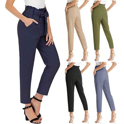 casual pants women waist tie trousers ladies褶皱绑带九分裤女