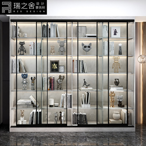 现代简约推拉门书柜一体满墙书橱