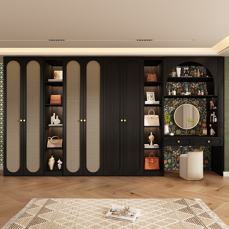 定制一门到顶黑胡桃木藤编衣柜