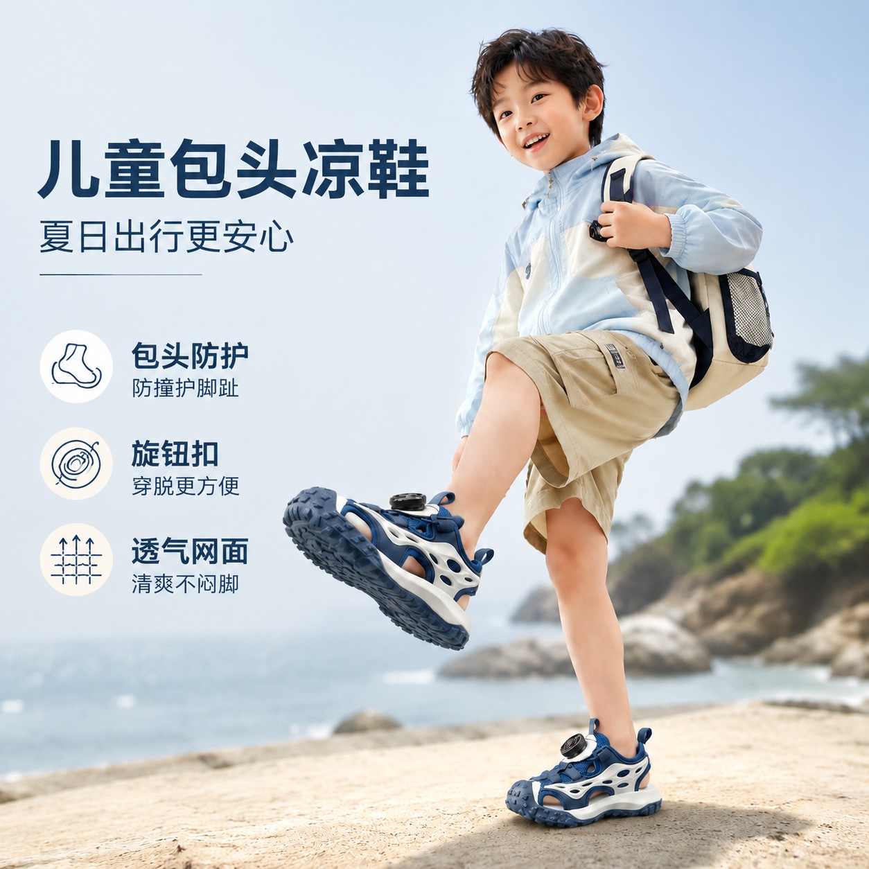 儿童包头凉鞋男童夏季网布旋钮扣防水沙滩鞋休闲运动童鞋日常