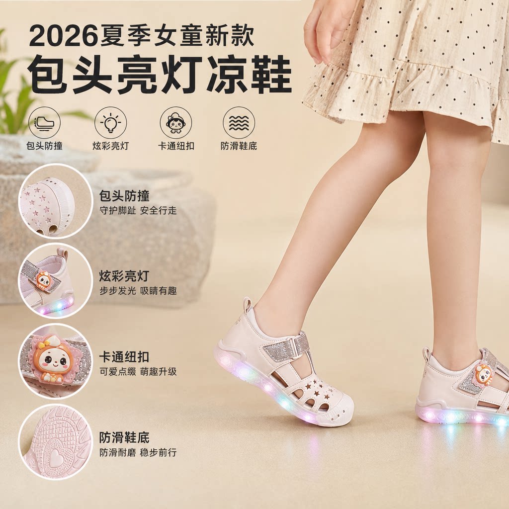 2026夏季女童新款包头凉鞋儿童校园休闲卡通纽扣亮灯鞋女孩沙滩鞋