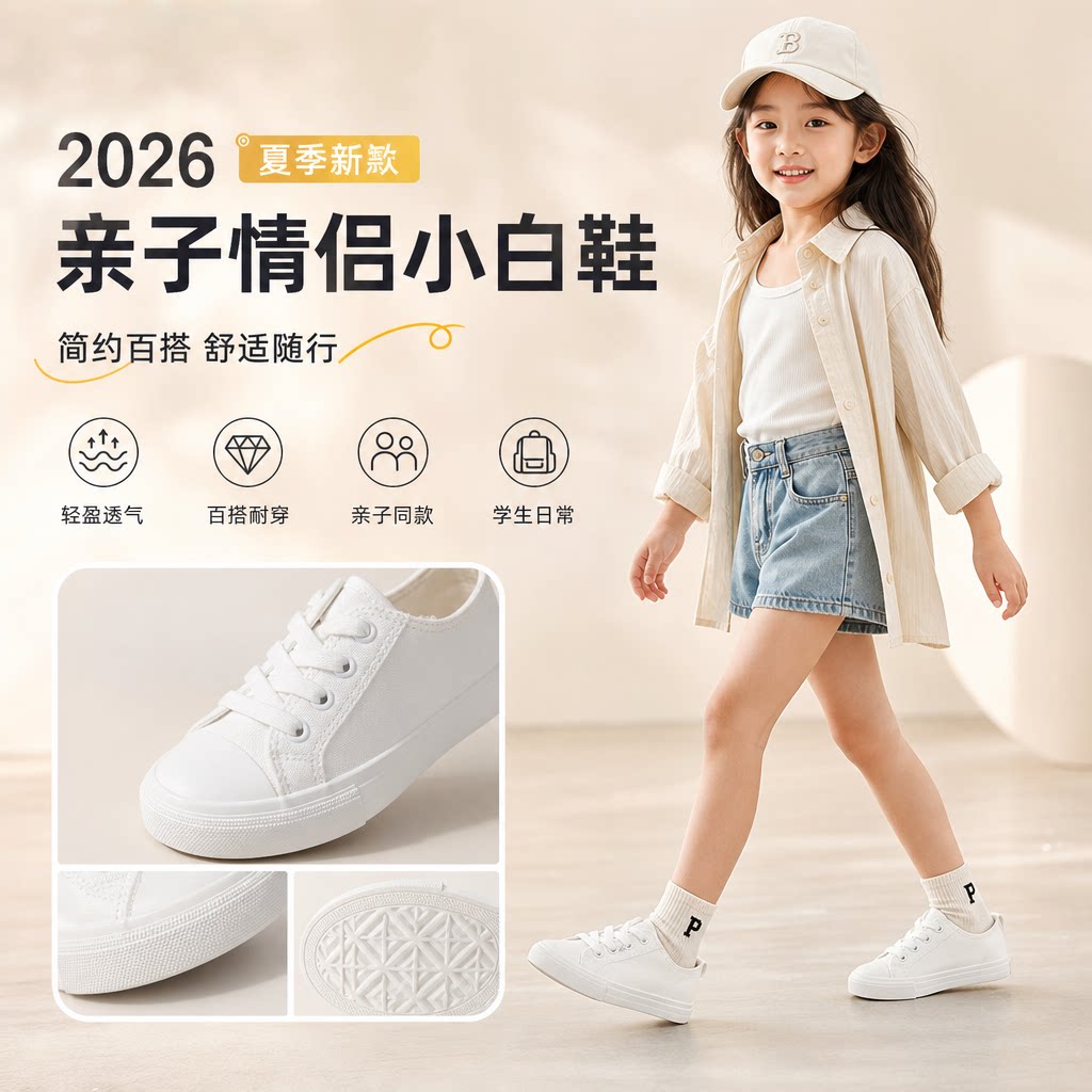 男女小中大童帆布鞋2026夏季新款学生小白鞋儿童韩版亲子板鞋情侣