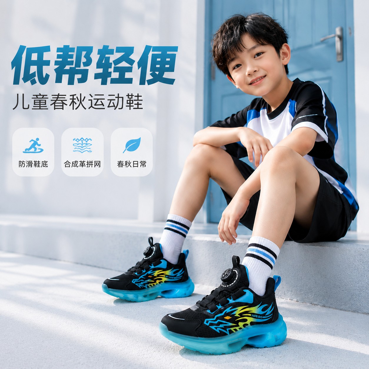 儿童春秋低帮合成革运动鞋男童网面皮面跑步鞋室外防滑轻便休闲鞋