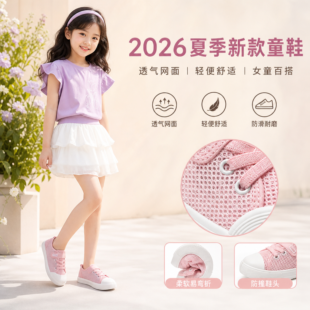 夏季网面布鞋2026夏季新款童鞋女童网鞋小女孩帆布鞋儿童透气单鞋