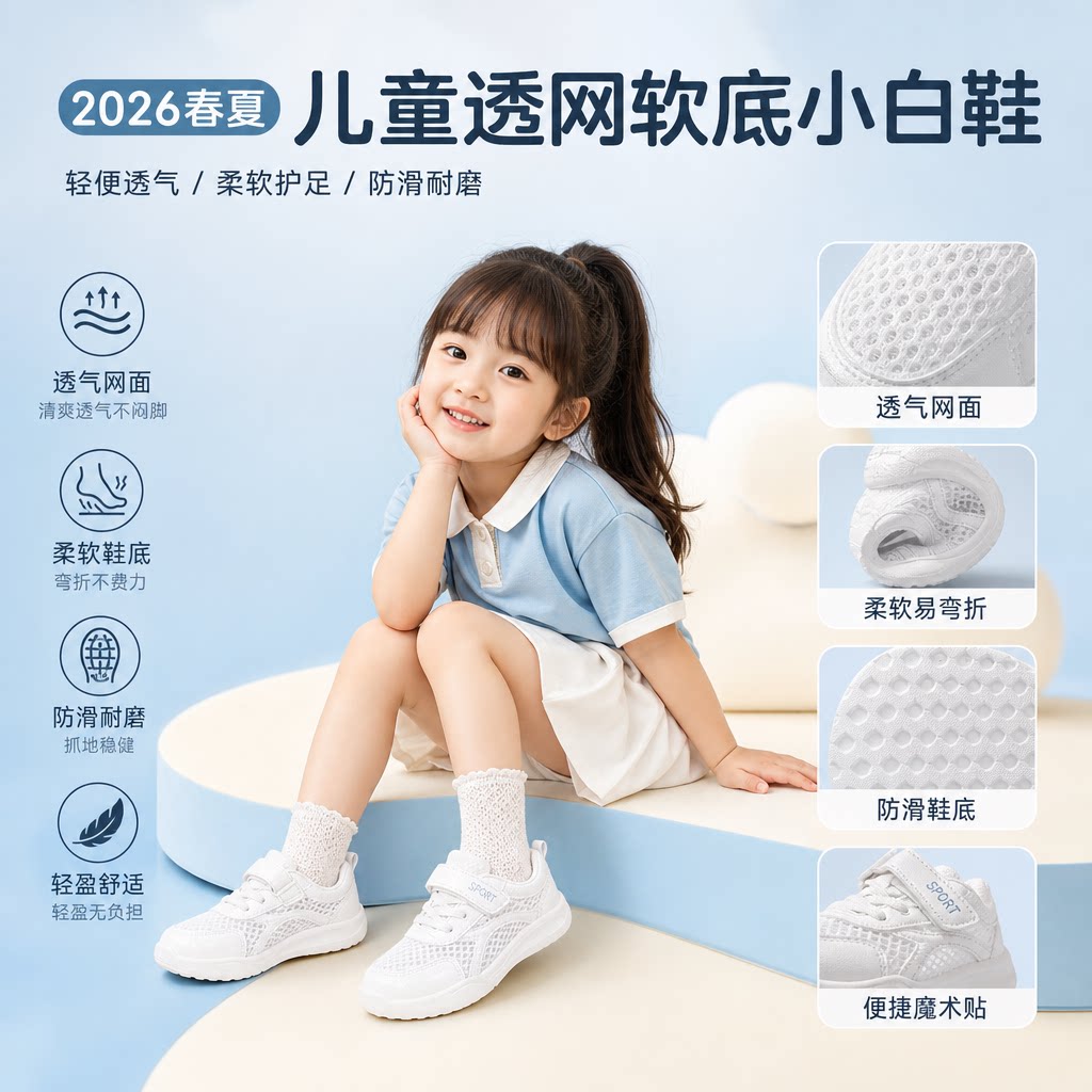 儿童网鞋2026春夏运动鞋女小童六一小白鞋板鞋软底男宝宝鞋子透网