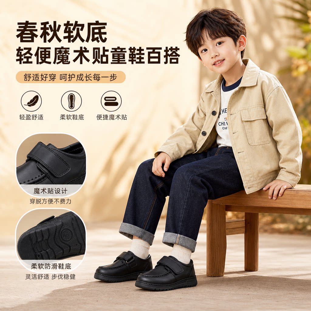 春秋款男童皮鞋黑色时尚软底儿童表演出鞋子魔术贴休闲女童休闲鞋
