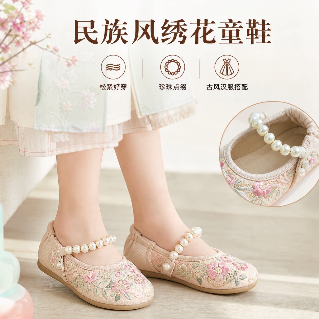 民族风儿童布鞋松紧古装鞋中大童绣花鞋女童汉服鞋珍珠松紧古风鞋