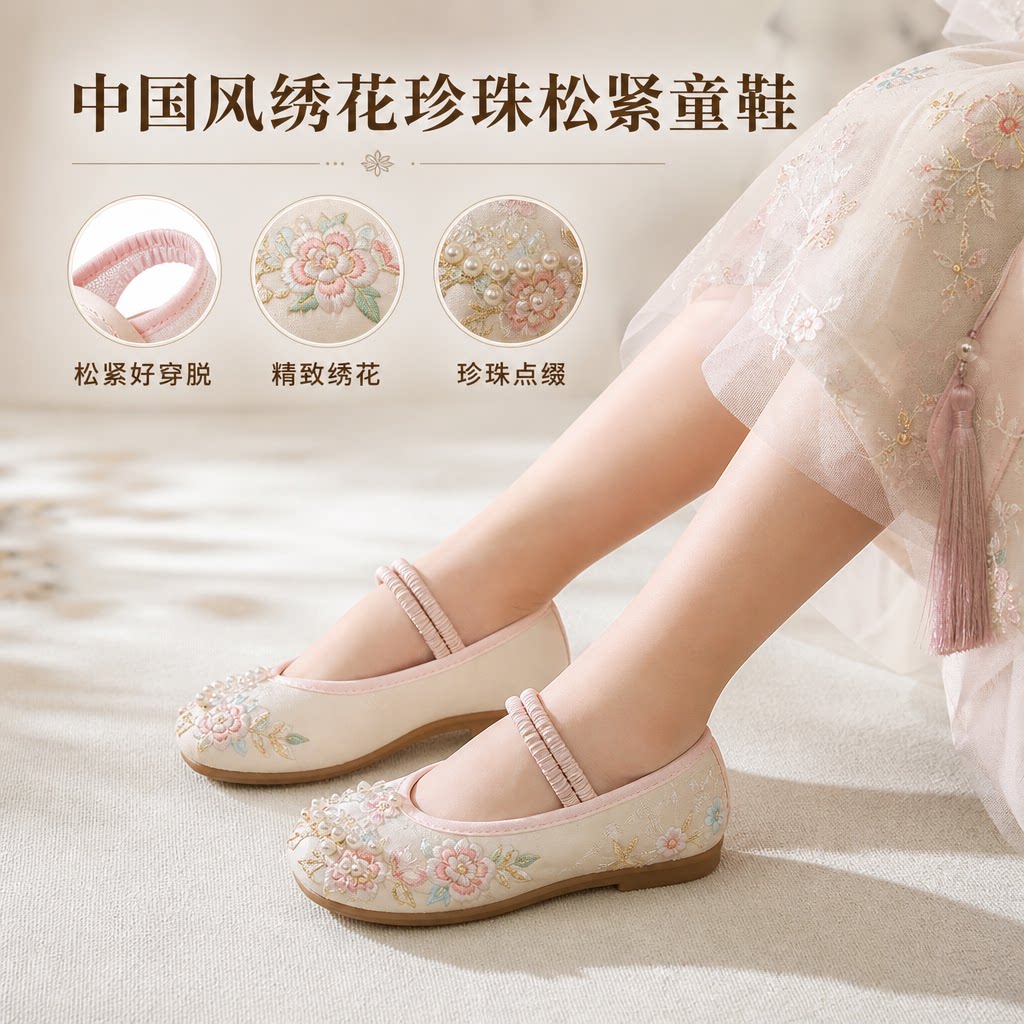 中国风儿童布鞋松紧古装鞋中大童绣花鞋女童汉服鞋珍珠松紧古风鞋