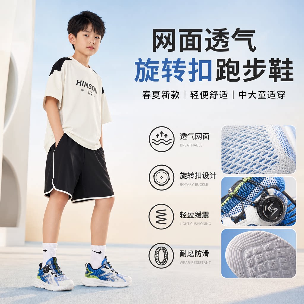 男童鞋春夏新款网面透气儿童运动鞋中大童男孩旋转扣跑步鞋子