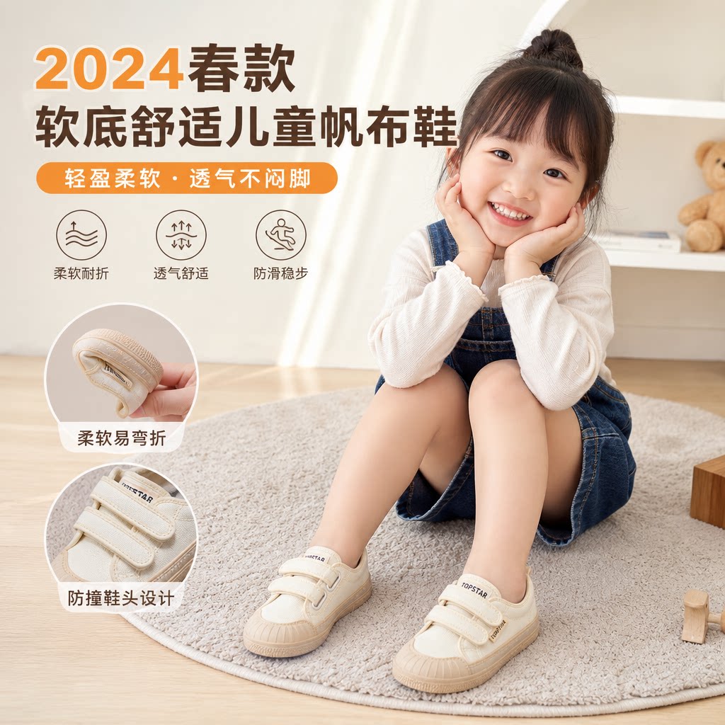TOPSTAR2024春款新款软底儿童帆布鞋幼儿园室内宝宝休闲鞋2045