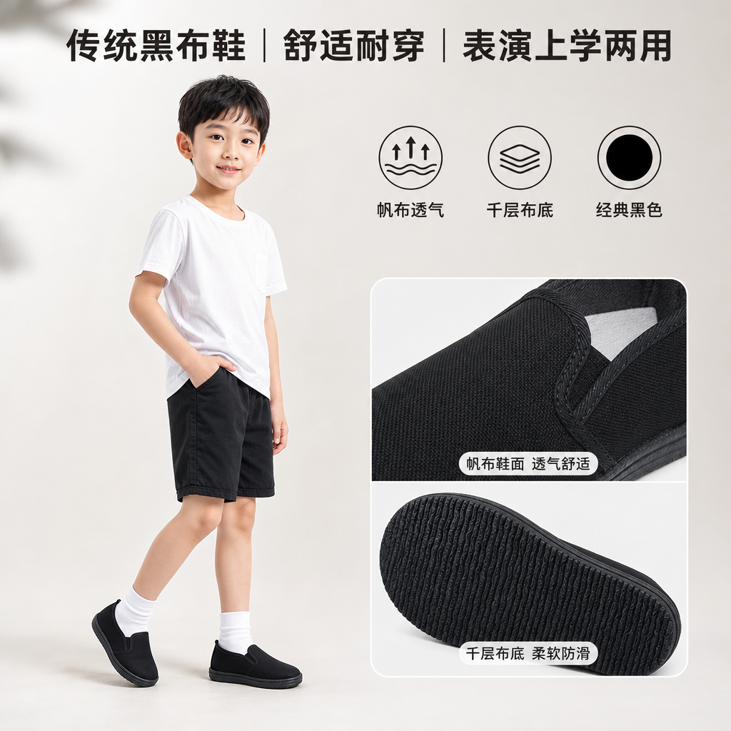 黑色帆布童鞋8传统黑布鞋儿童6男孩子学生表演鞋千层布底鞋男童鞋