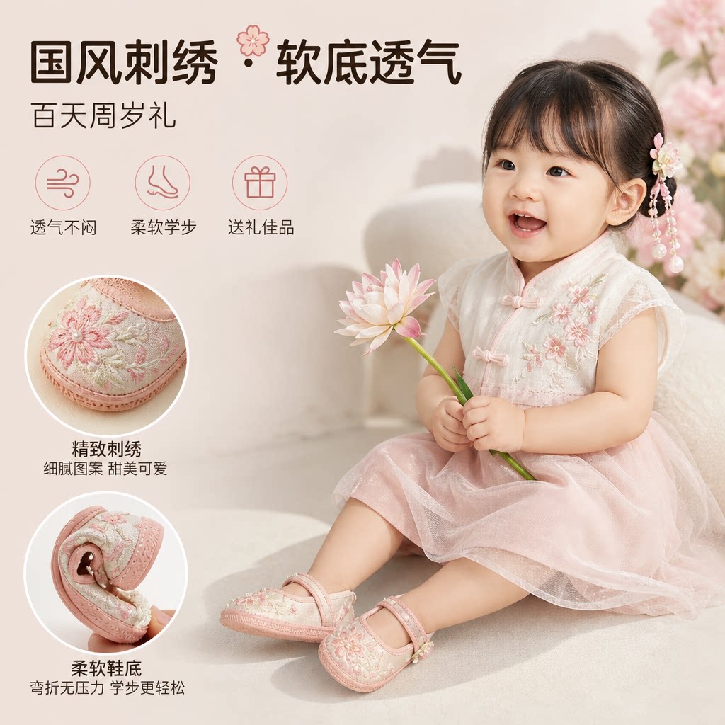 春秋夏季女宝宝布鞋婴儿软底学步鞋国风刺绣单鞋百天周岁透气纪念