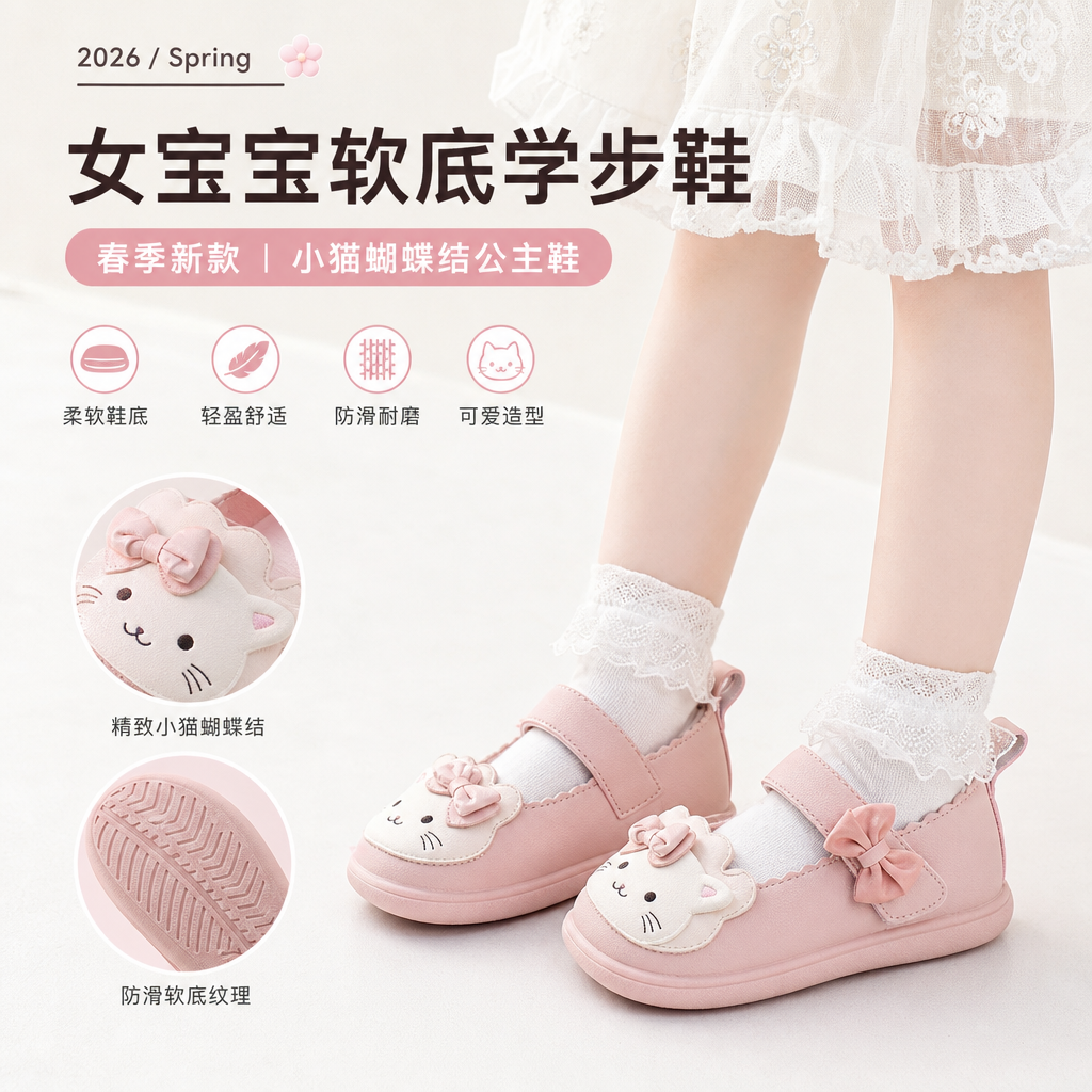 女宝宝软底学步鞋2026年春季新款卡通小猫蝴蝶结公主鞋儿童单鞋子