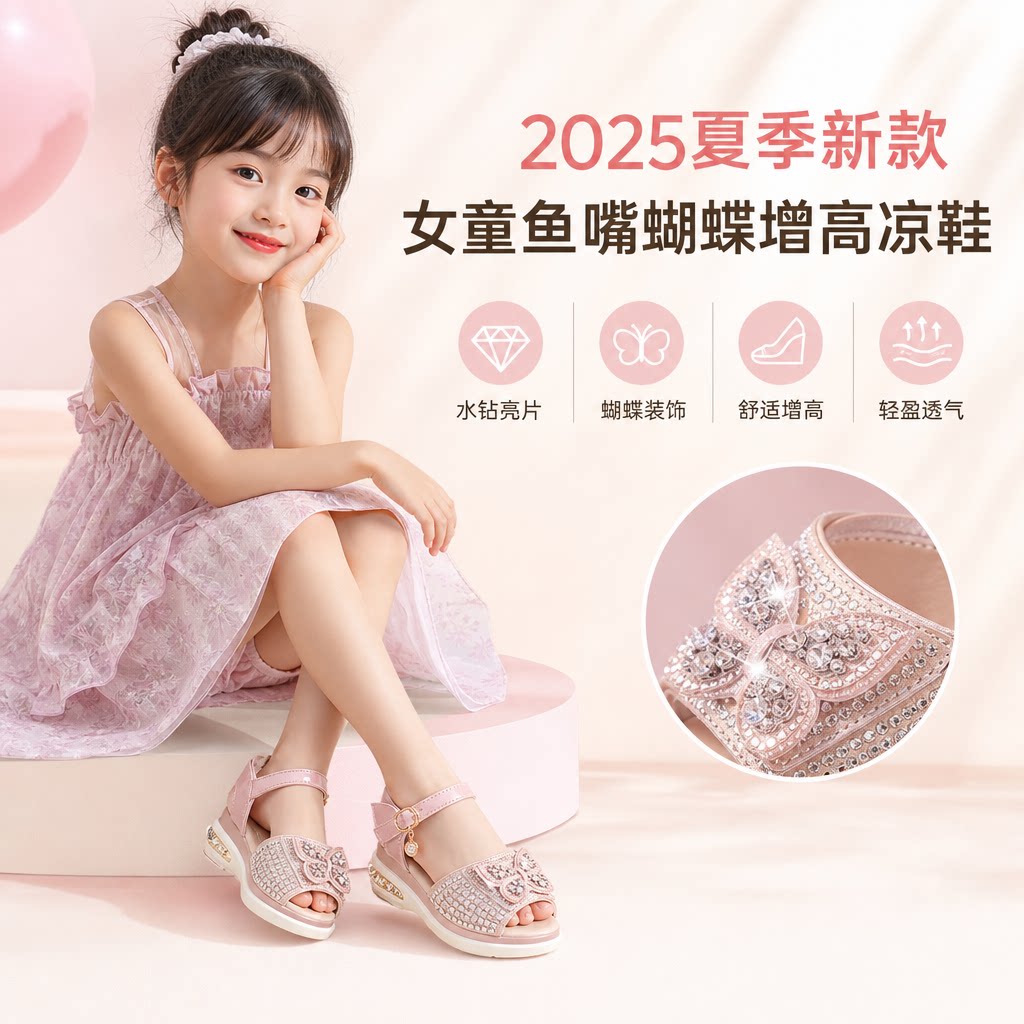 2025夏季新款女童鱼嘴韩版水钻蝴蝶增高凉鞋小女孩学生公主高跟鞋