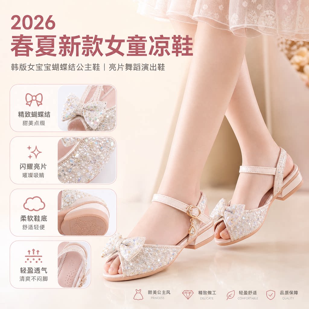 2026春夏新款女童凉鞋韩版女宝宝蝴蝶结公主鞋女孩亮片舞蹈演出鞋