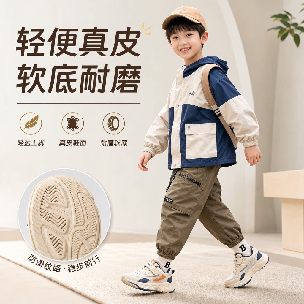 轻便男童运动鞋女童鞋秋冬新款儿童鞋真皮运动鞋耐磨软底童鞋