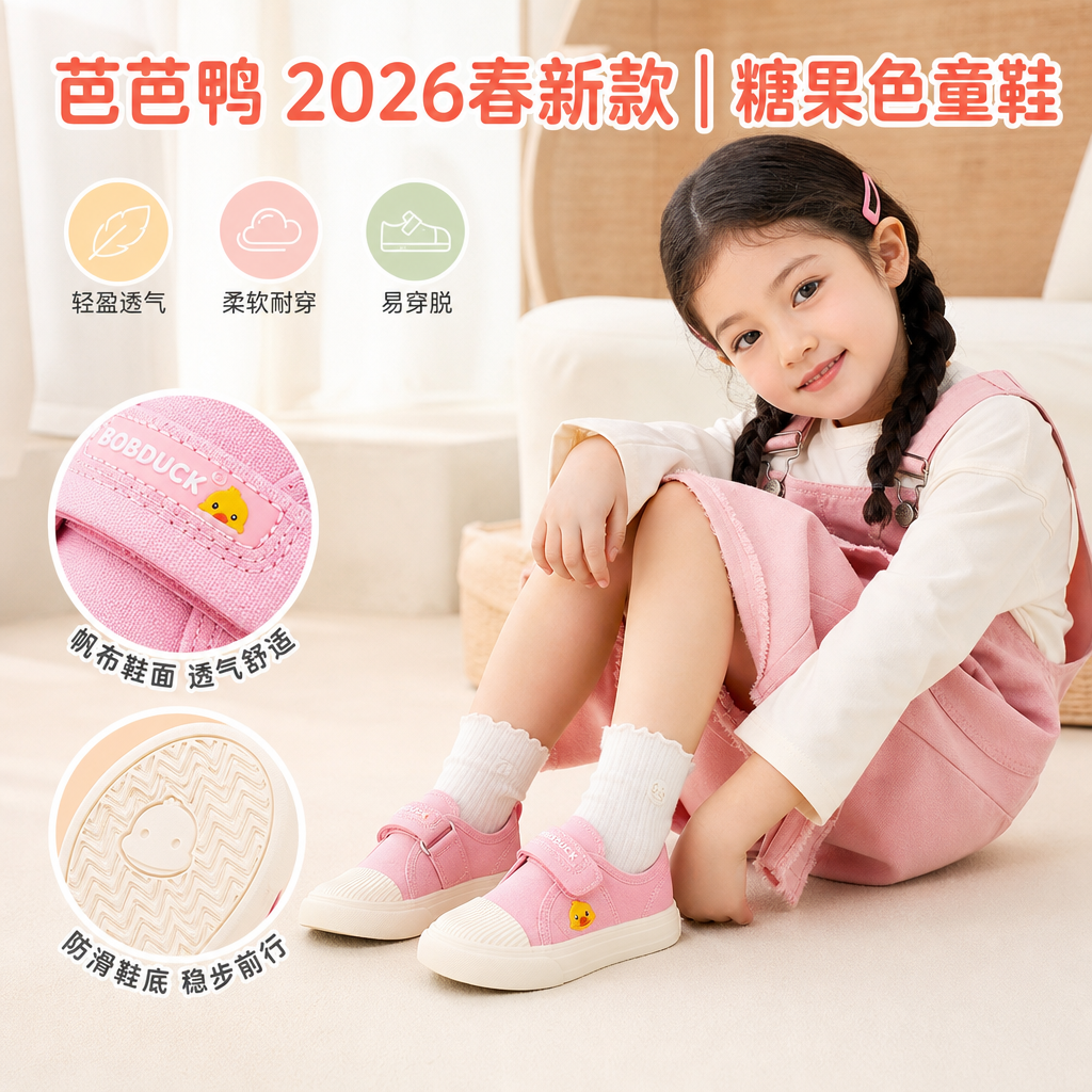 芭芭鸭2026春新款儿童帆布鞋女童宝宝布鞋男童休闲板鞋糖果色球鞋