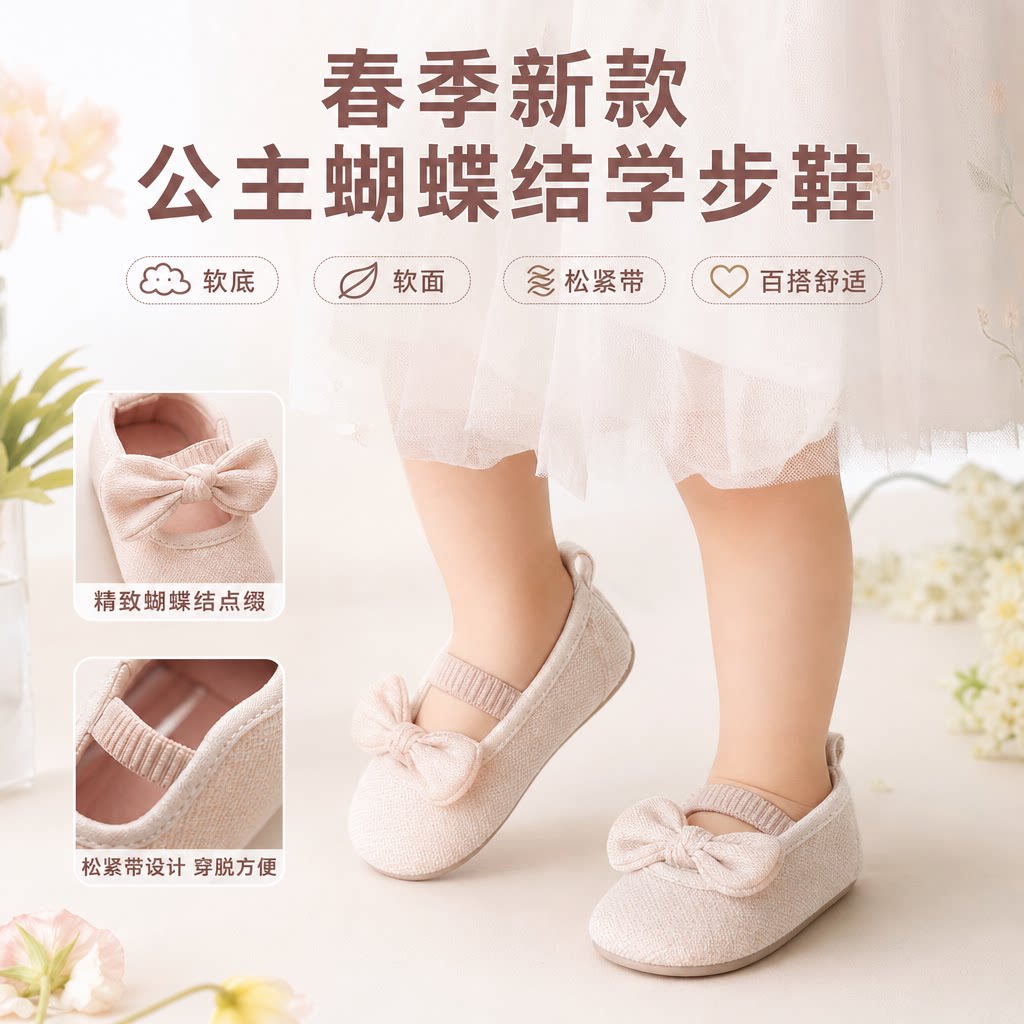春季新款婴儿公主学步鞋蝴蝶结小童百搭舒适软底软面松紧带小布鞋