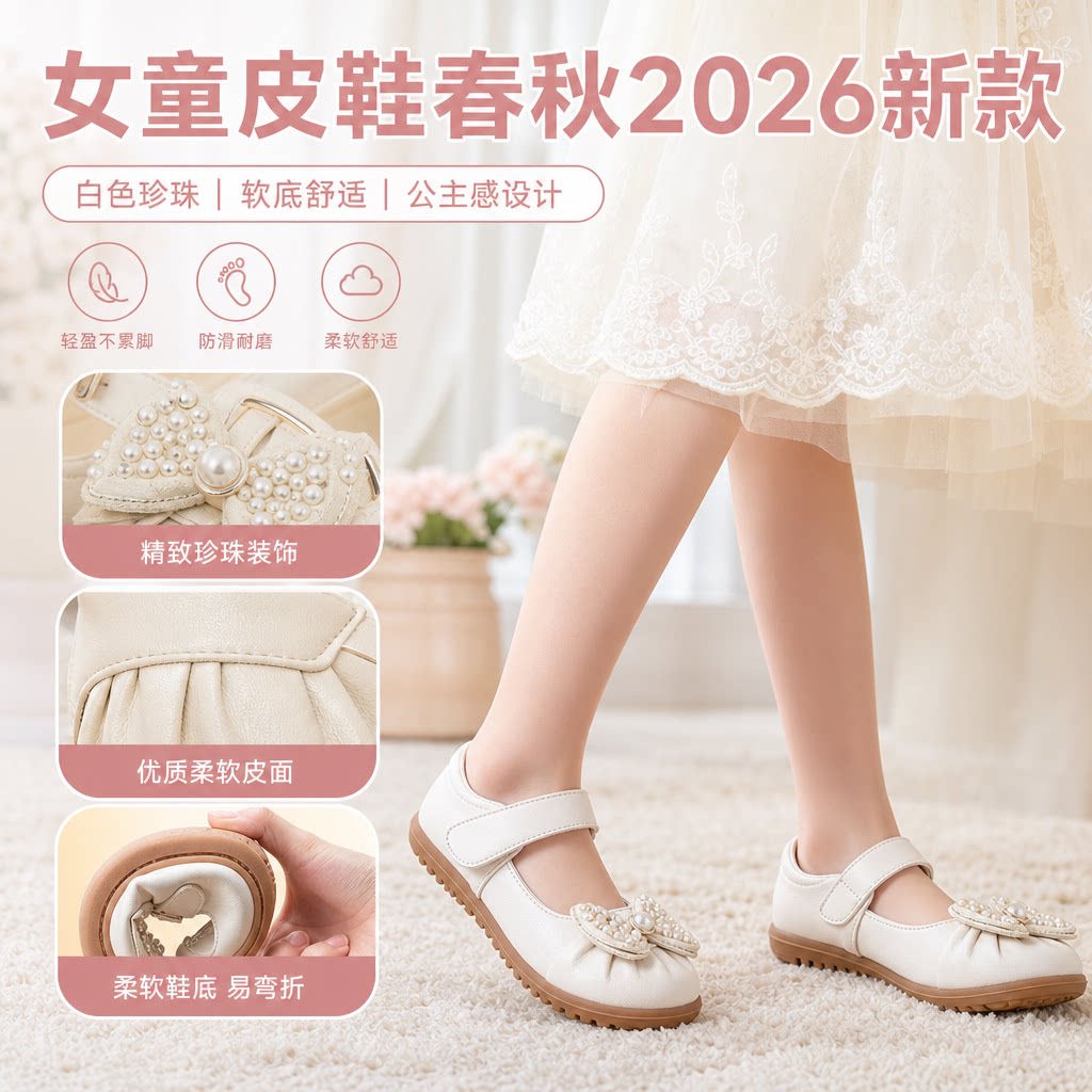 女童皮鞋春秋2026新款白色珍珠小女孩宝宝软底洋气儿童豆豆公主鞋