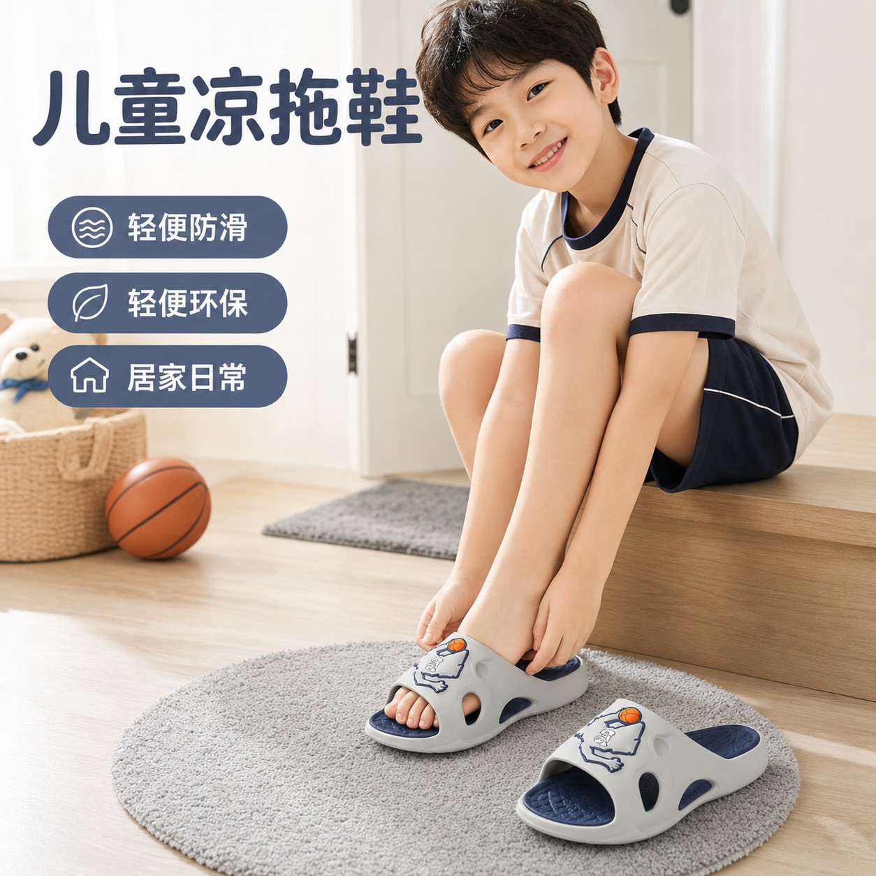 儿童居家凉拖鞋男童一字拖夏季浴室洗澡亲子卡通图案轻便休闲款