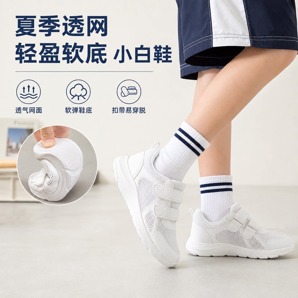 夏季透网休闲运动鞋学校运动专用小白鞋软底百搭跑步鞋扣带学生鞋