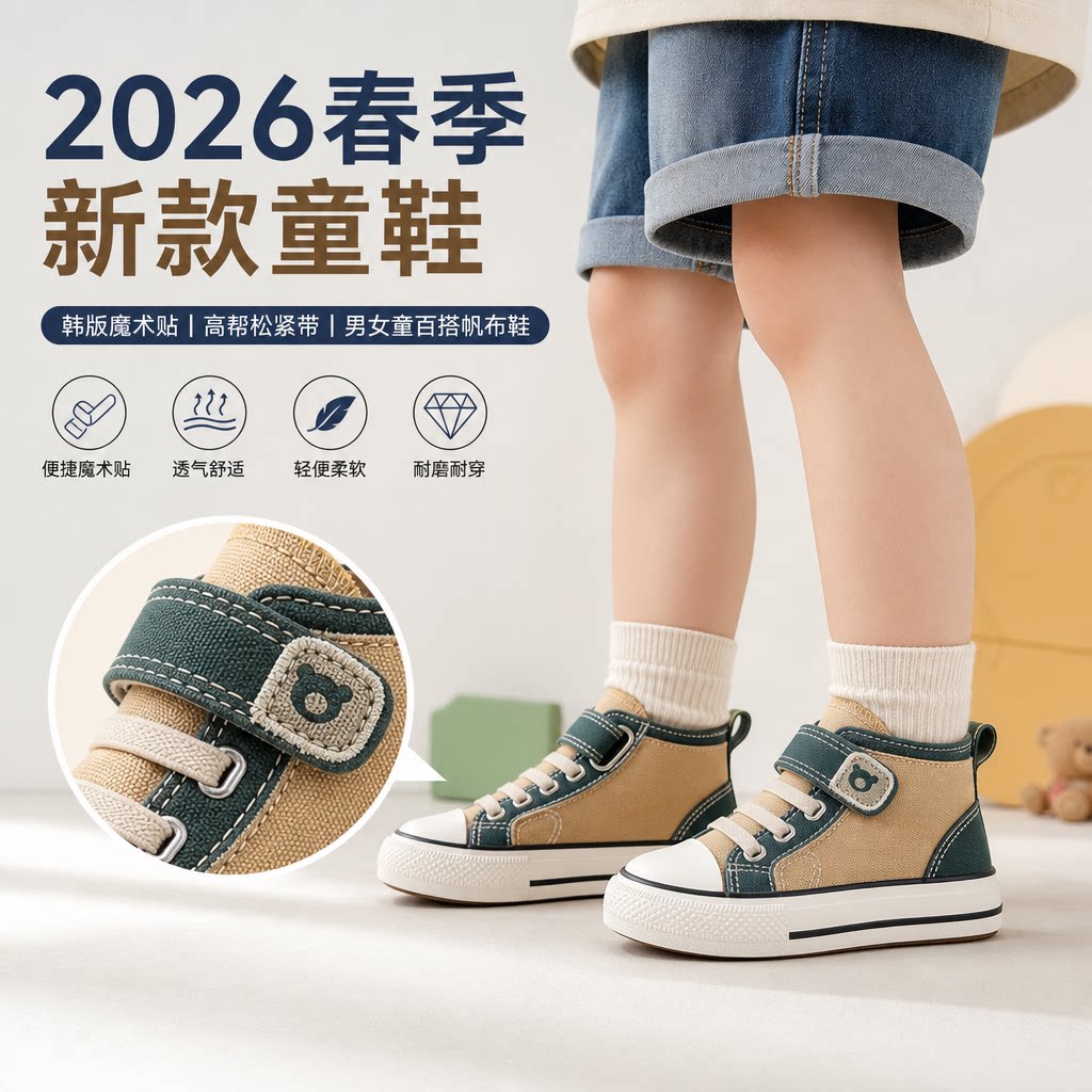 2026春季新款童鞋韩版魔术贴男童女童帆布鞋子高帮松紧带休闲布鞋