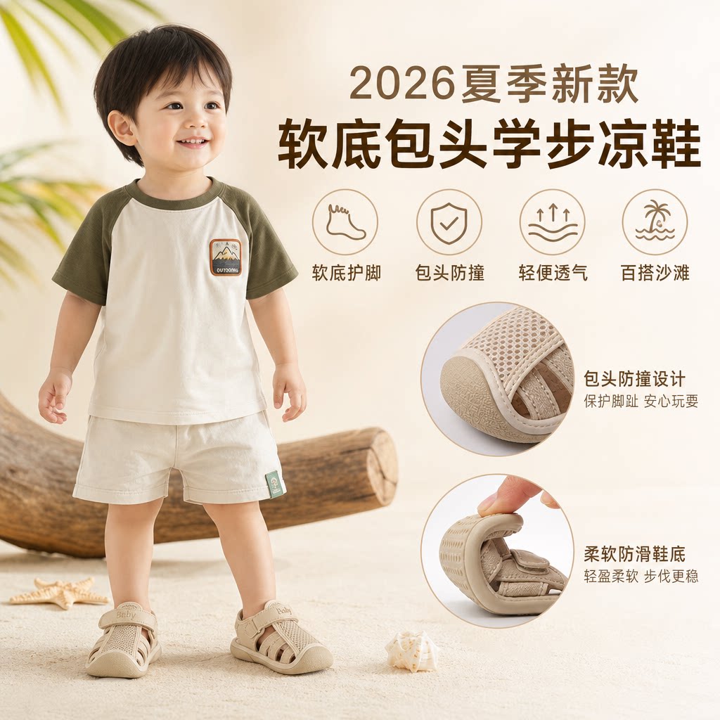 宝宝凉鞋2026年夏季新款男宝软底男童包头学步鞋女童百搭沙滩鞋潮
