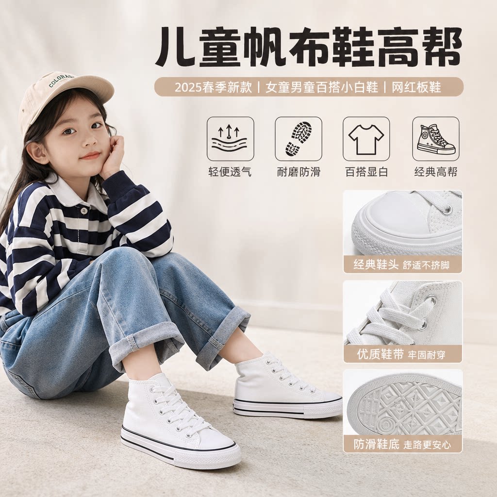 儿童帆布鞋高帮2025春季新款女童小白鞋男童童布鞋子网红板鞋