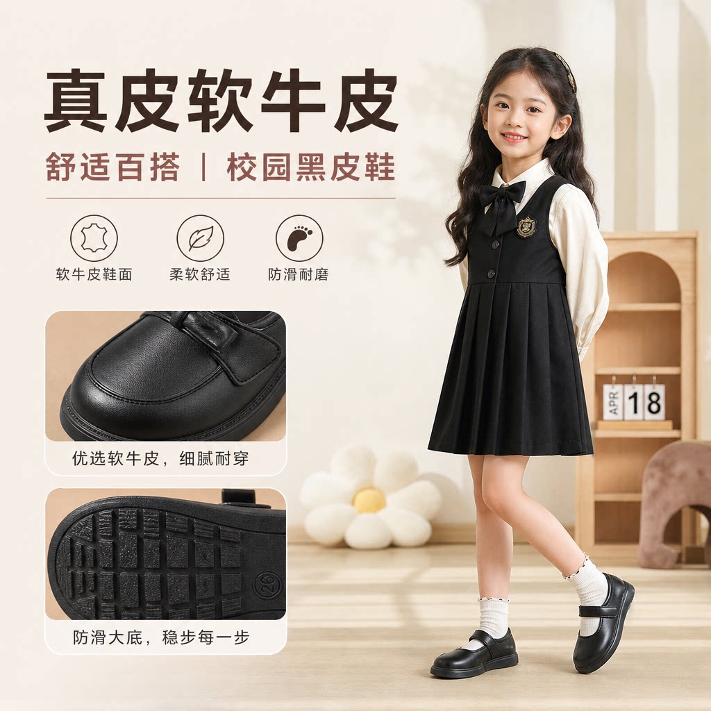 女童真皮儿童鞋春秋款单鞋校园黑皮鞋2024新款宝宝潮鞋软牛皮潮