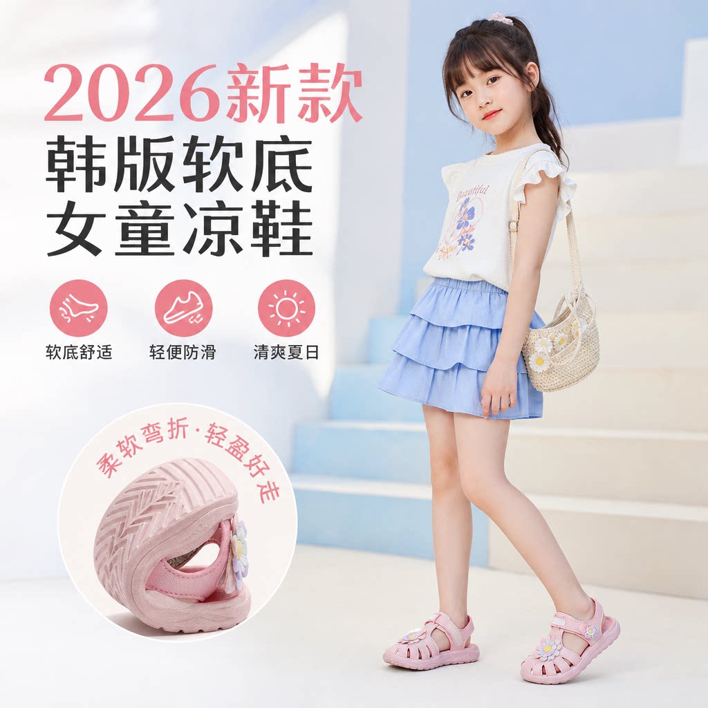 女童凉鞋夏季2026新款韩版软底儿童中大童女孩小学生儿童沙滩鞋子