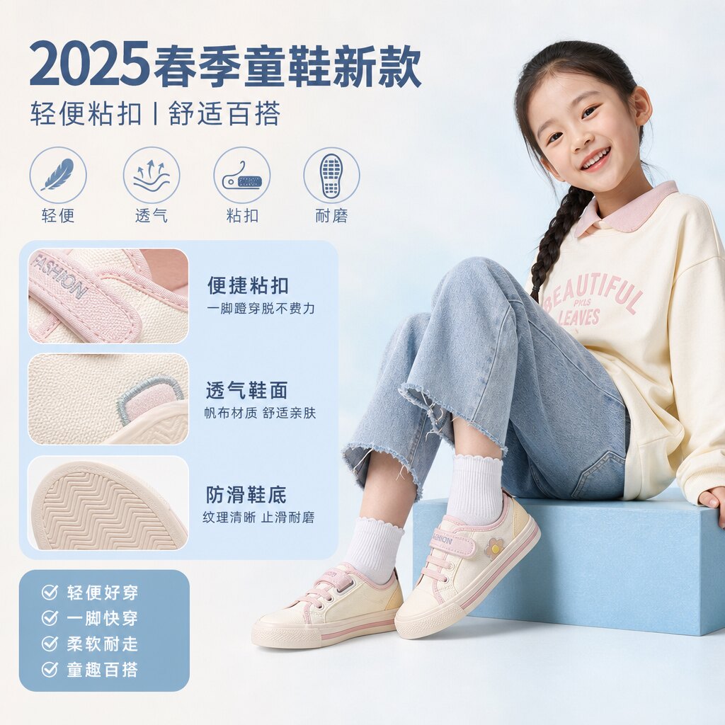 童鞋女童帆布鞋2025春季新款宝宝男孩子中大童男童小童粘扣儿童鞋