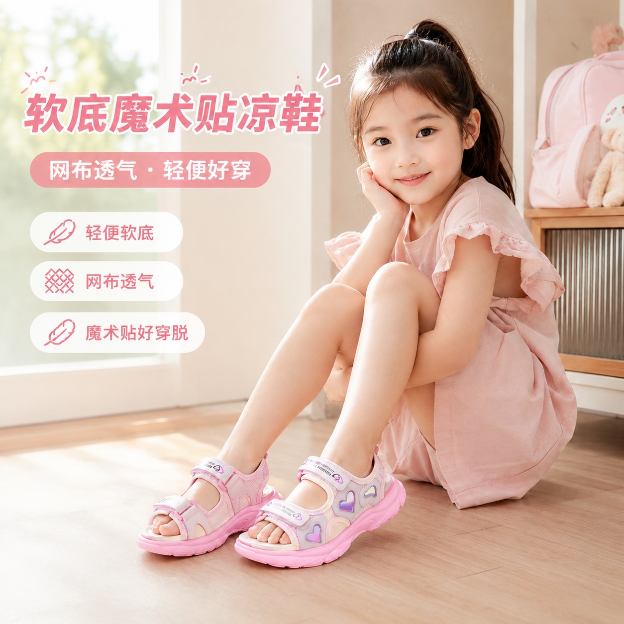 女童夏季凉鞋软底魔术贴网布低帮休闲沙滩鞋中大童日常穿搭学生