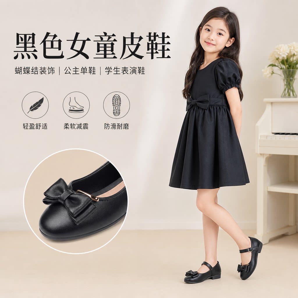 2026新款黑色女童皮鞋小女孩单鞋中大童公主鞋蝴蝶结学生表演鞋潮