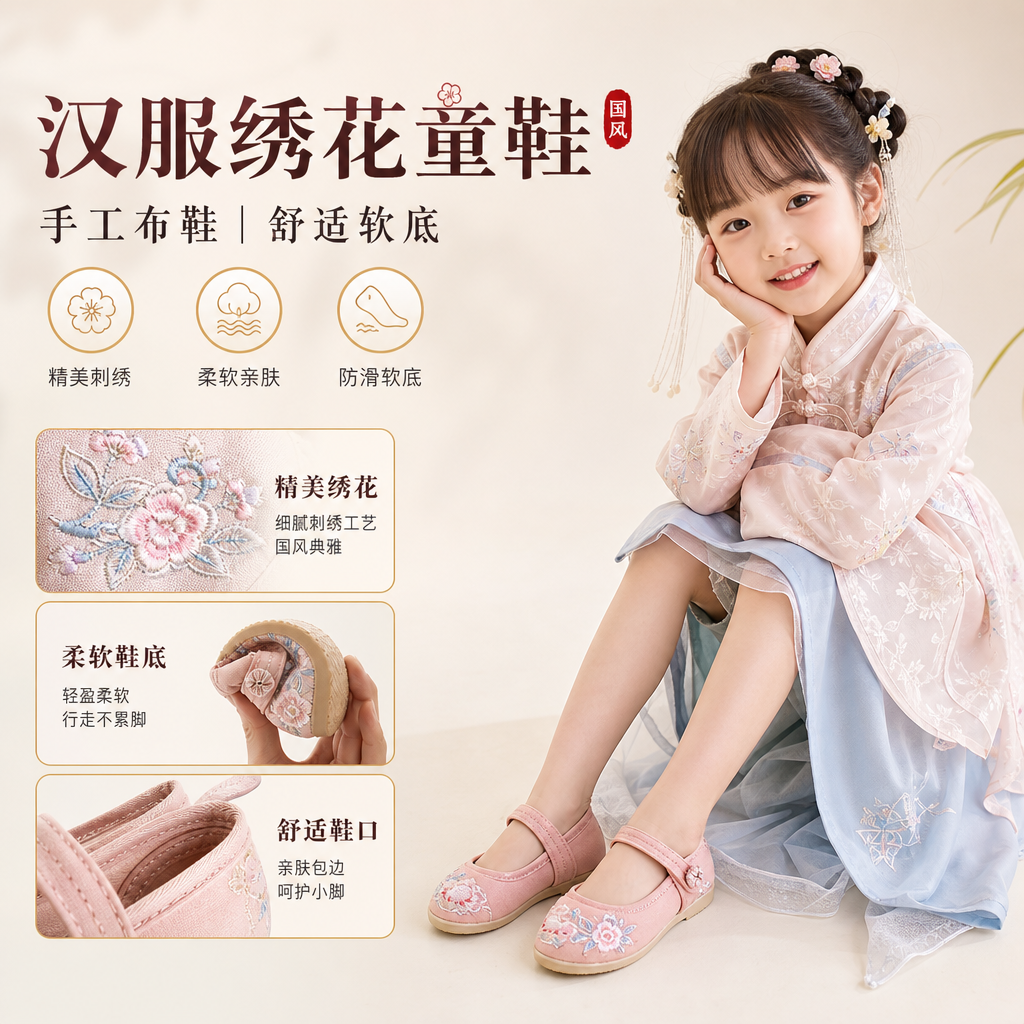 汉服鞋女童绣花鞋老北京儿童手工布鞋民族风古装学生舞蹈刺绣童鞋