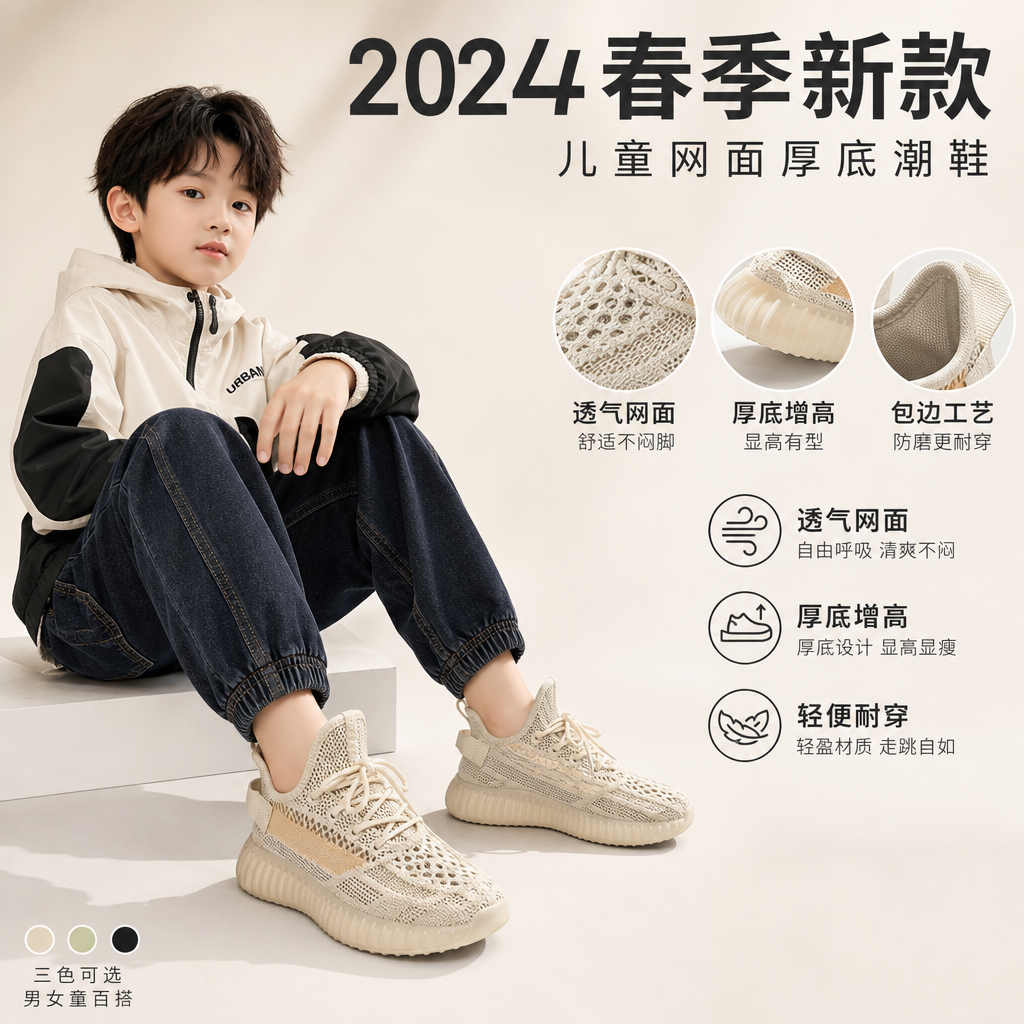 2024春季新款运动帆鞋儿童网鞋潮流椰子鞋百搭厚底男女童休闲板鞋