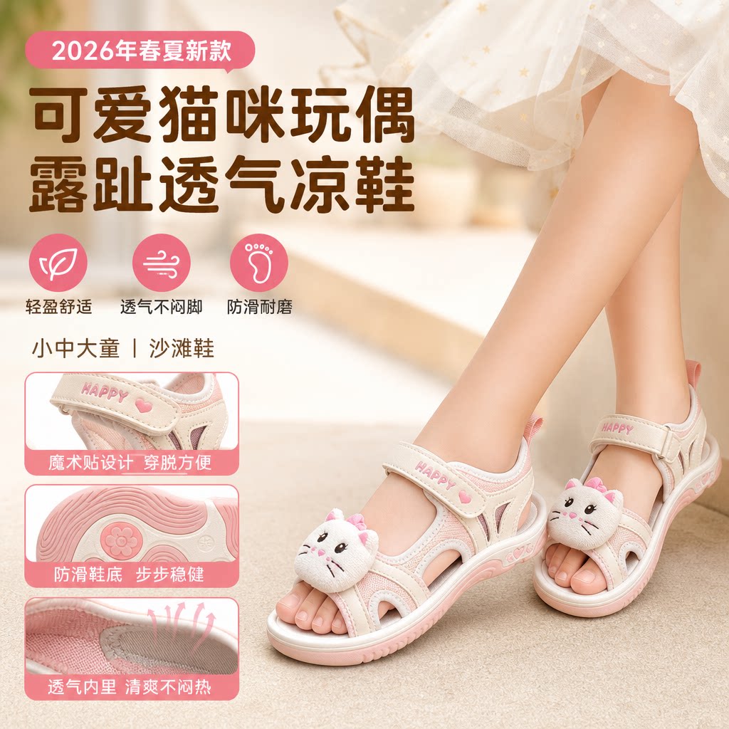 女童可爱猫咪玩偶露趾凉鞋2026年春夏新款儿童凉鞋小中大童沙滩鞋