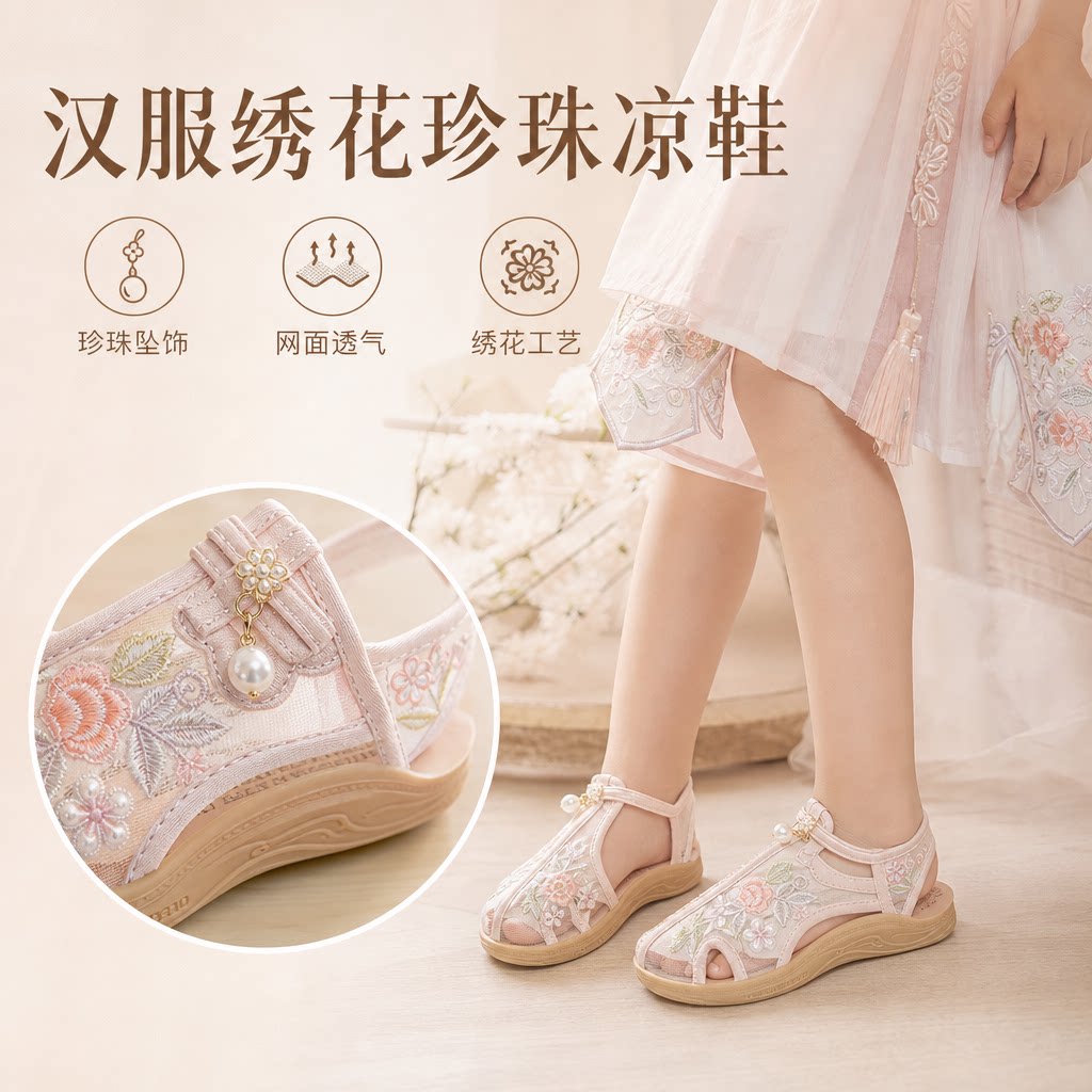 女童汉服鞋子古装儿童绣花鞋珍珠坠饰夏季凉鞋网面民族风马面裙鞋